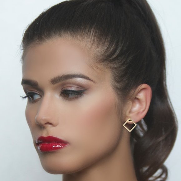 Square Cube Earrings with Triangle Studs - Picture 3 of 3